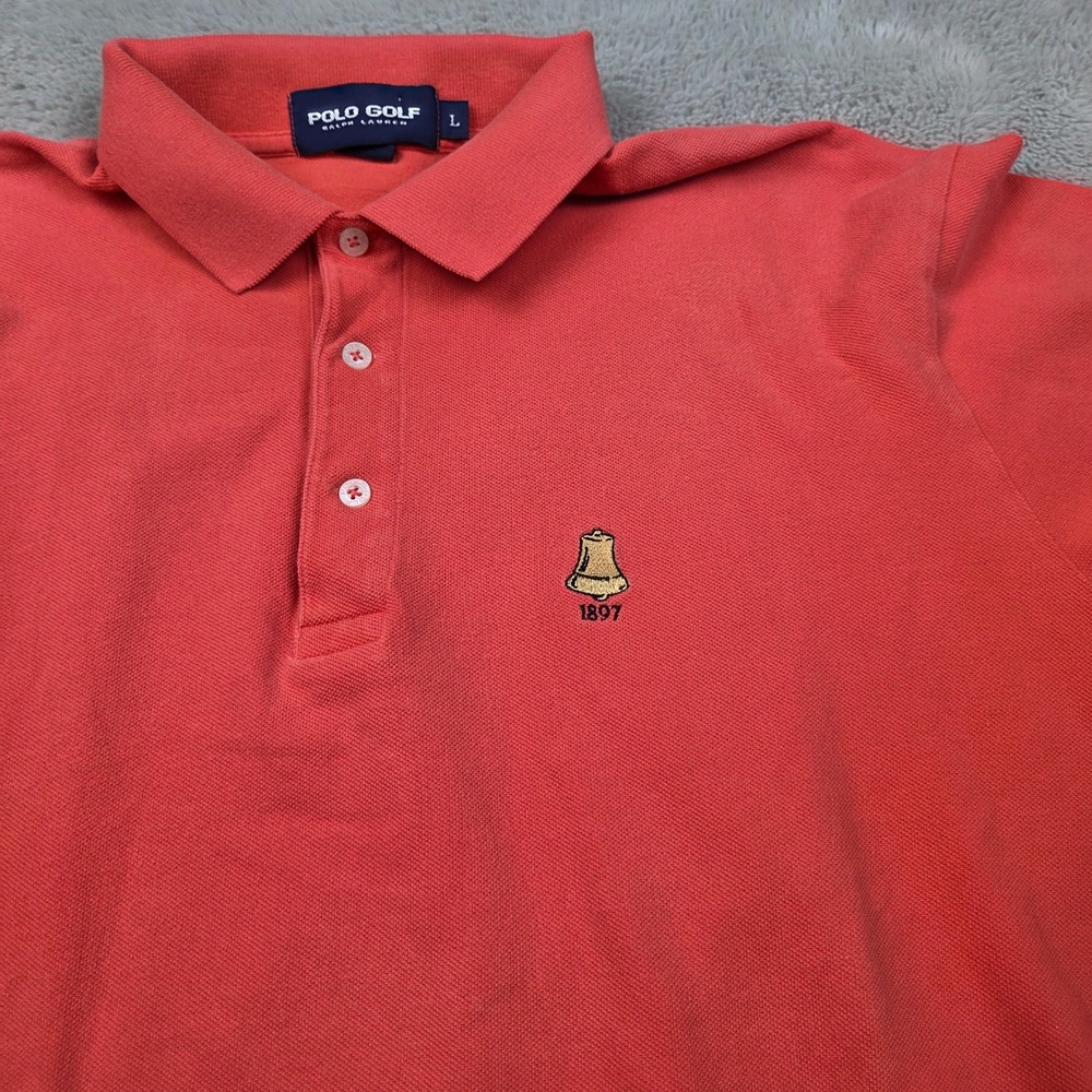 Polo Golf Ralph Lauren Shirt Mens Large Coral Pink Cotton Pique Bell 1897 Logo
